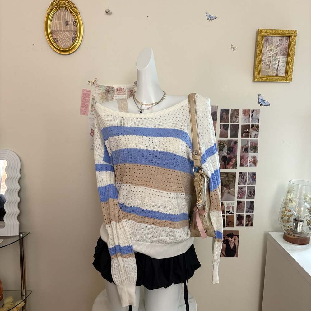 Cyrus Striped Open Knit Sweater Womens Medium Blue Beige Off Shoulder Loose Ligh